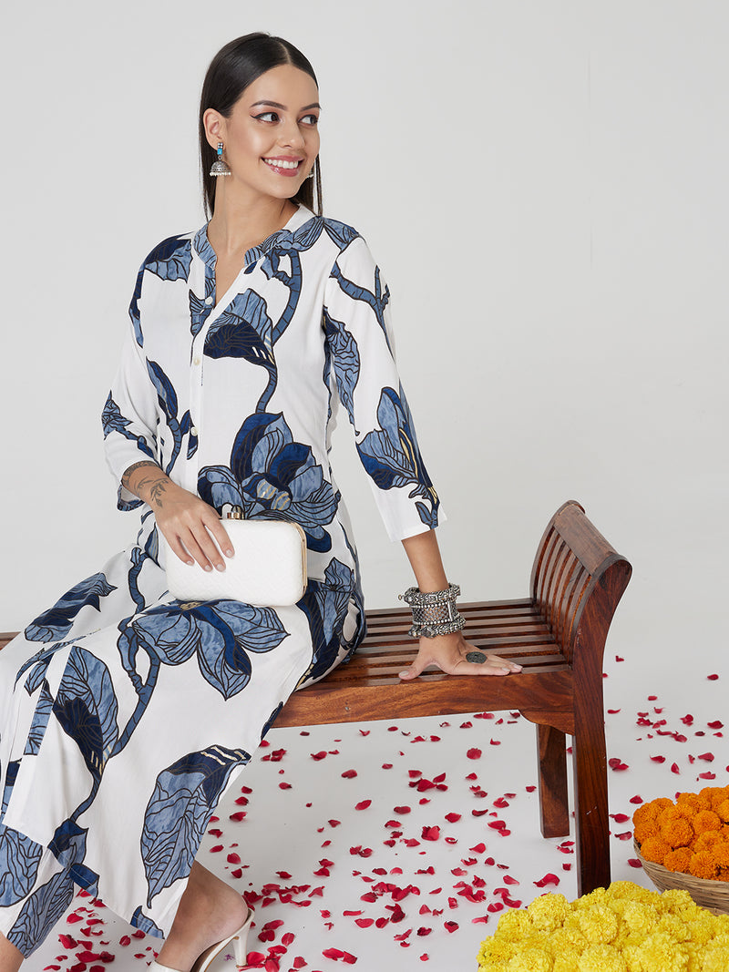 Blue Floral Rayon Kurta set