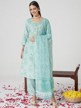 Mint Charm Cotton Kurta set with Dupatta