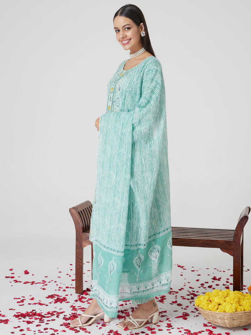 Mint Charm Cotton Kurta set with Dupatta