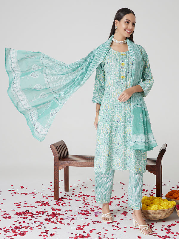 Mint Charm Cotton Kurta set with Dupatta