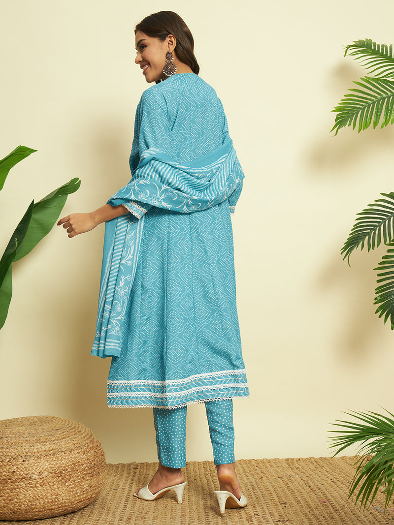 Sky Blue Cotton Anarkali set with Dupatta