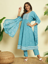 Sky Blue Cotton Anarkali set with Dupatta