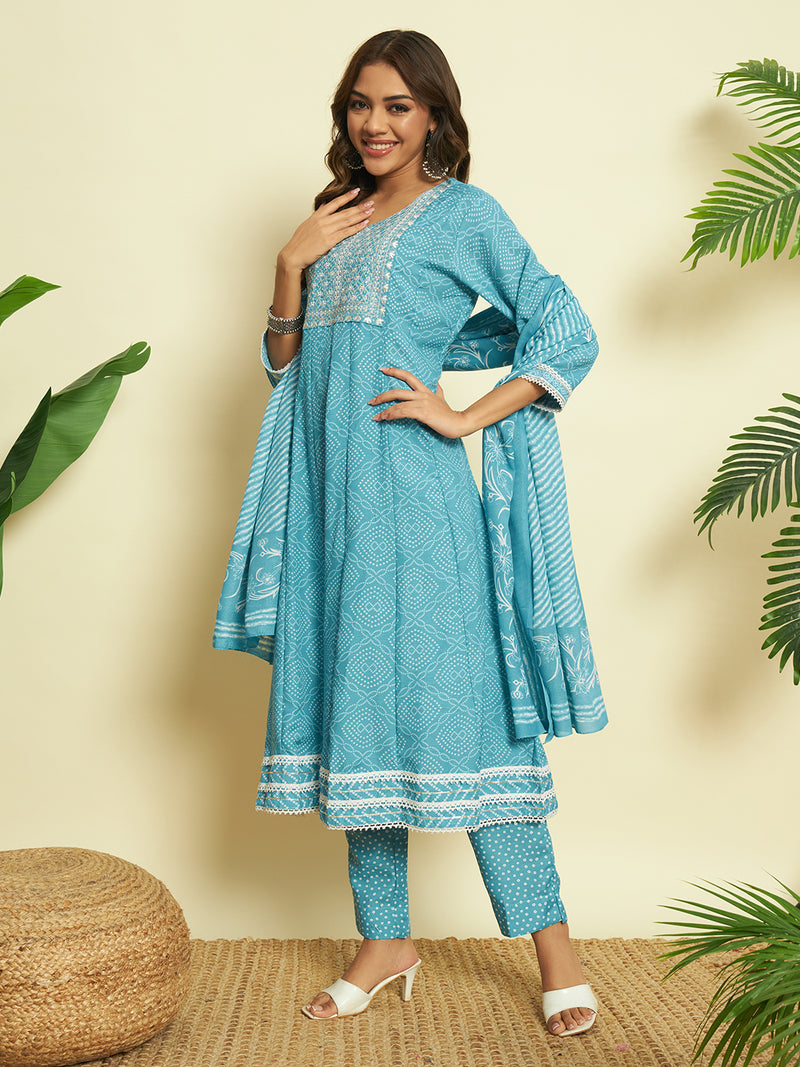 Sky Blue Cotton Anarkali set with Dupatta