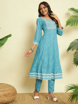 Sky Blue Cotton Anarkali set with Dupatta