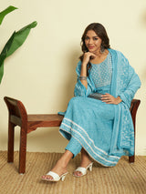 Sky Blue Cotton Anarkali set with Dupatta