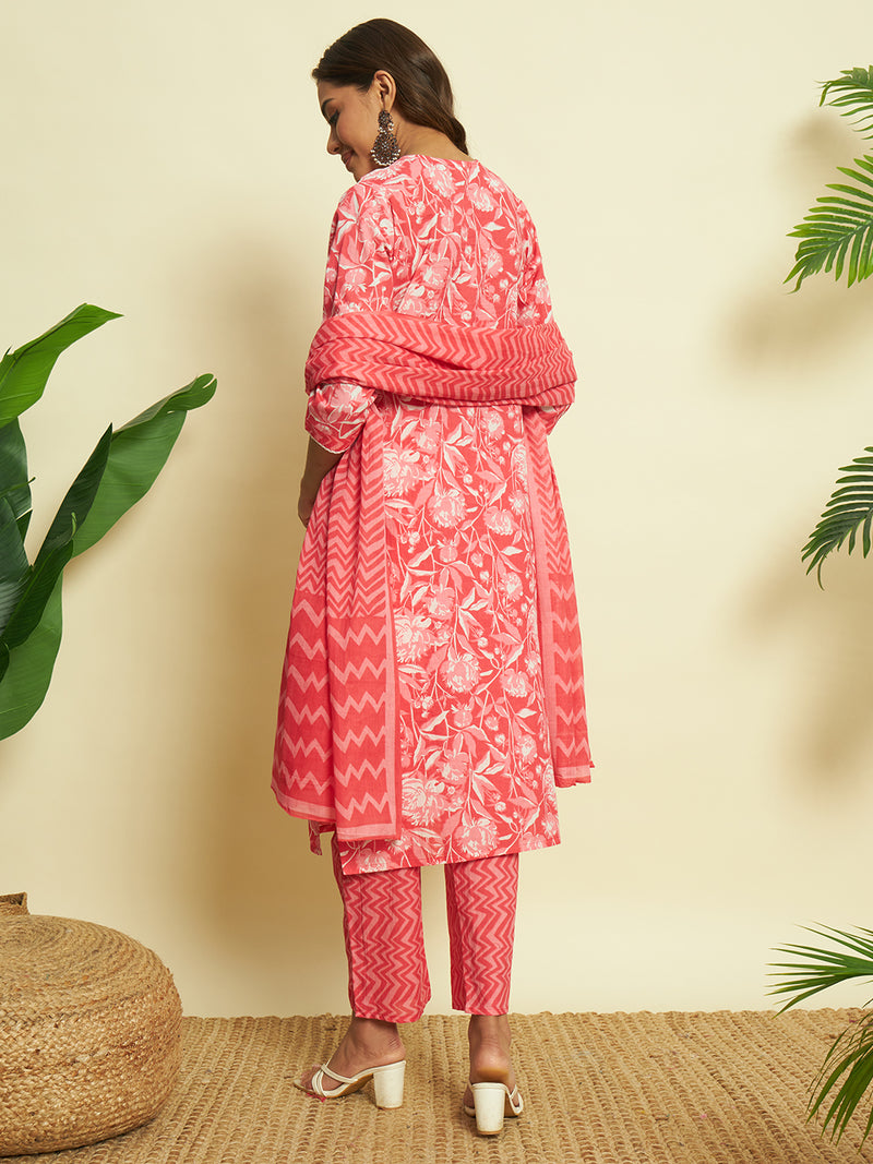 Tomato Red Cotton Kurta set with Dupatta