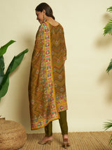 Golden Embroidered Kurta Set with Printed Dupatta