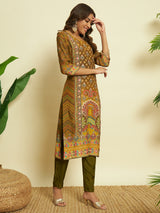 Golden Embroidered Kurta Set with Printed Dupatta