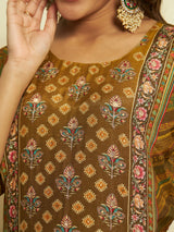 Golden Embroidered Kurta Set with Printed Dupatta