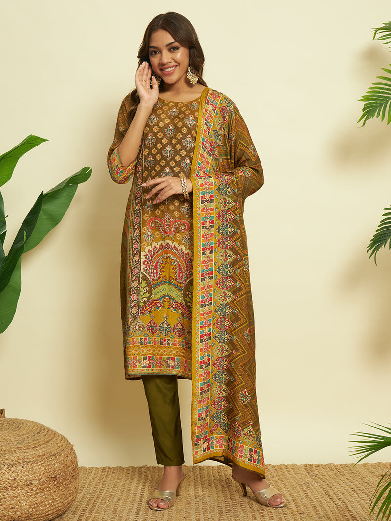 Golden Embroidered Kurta Set with Printed Dupatta