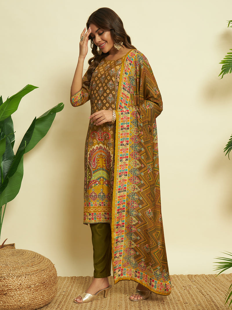 Golden Embroidered Kurta Set with Printed Dupatta