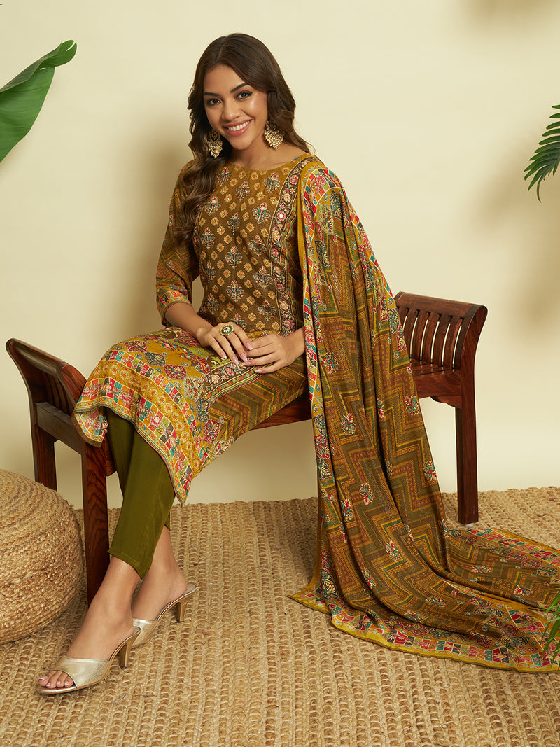 Golden Embroidered Kurta Set with Printed Dupatta