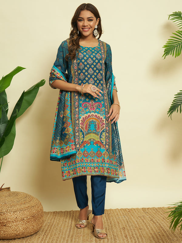 Turquoise Glow Muslin Kurta set with Dupatta