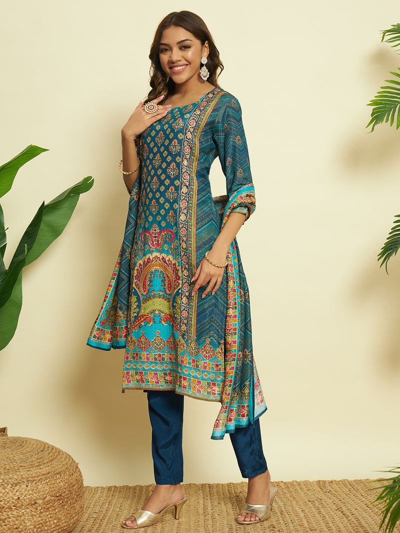 Turquoise Glow Muslin Kurta set with Dupatta