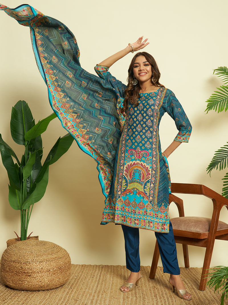 Turquoise Glow Muslin Kurta set with Dupatta