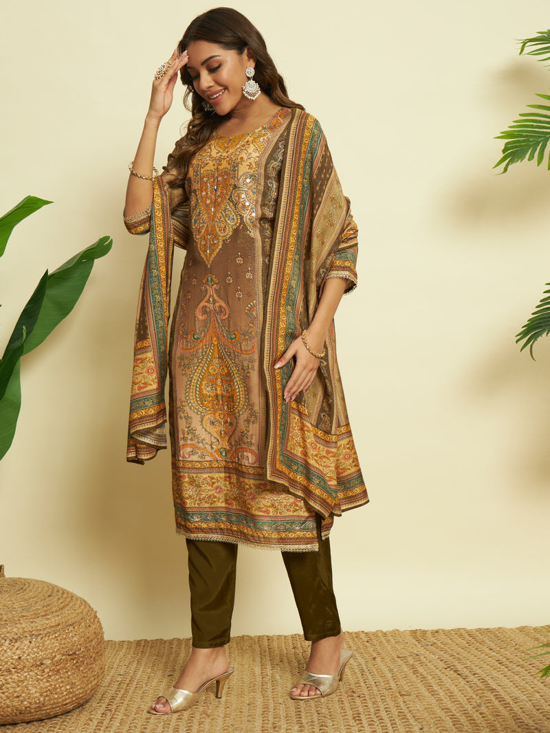 Brown Elegance Muslin Kurta set with Dupatta