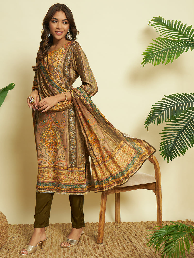 Brown Elegance Muslin Kurta set with Dupatta