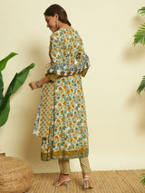 Golden Glow Mustard V-Neck Cotton Anarkali Ensemble