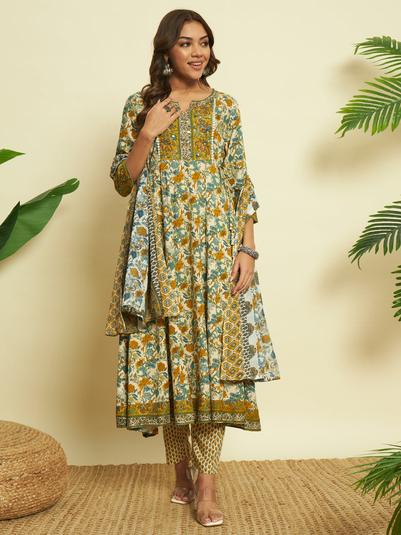 Golden Glow Mustard V-Neck Cotton Anarkali Ensemble