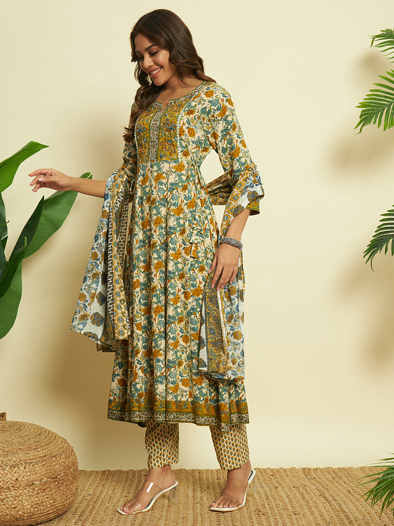 Golden Glow Mustard V-Neck Cotton Anarkali Ensemble