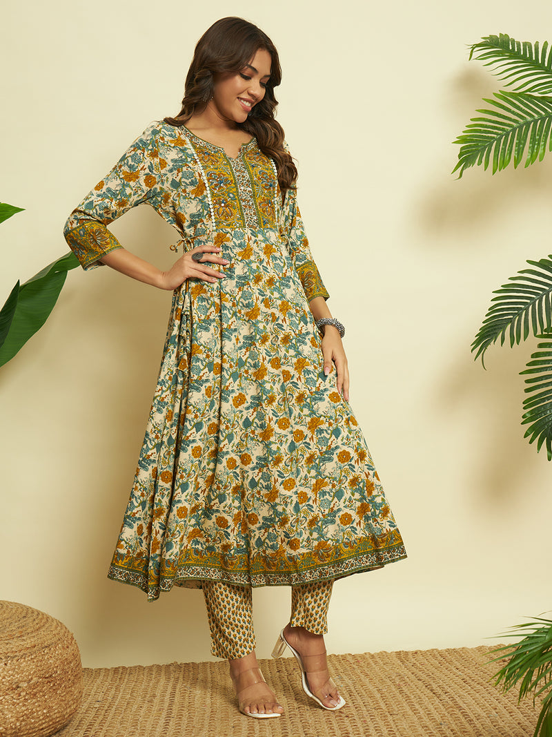 Golden Glow Mustard V-Neck Cotton Anarkali Ensemble