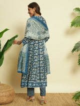 Ocean Hues Blue Cotton Anarkali Set with Dupatta