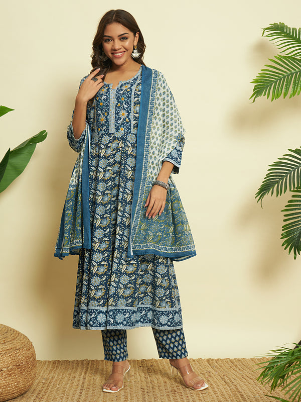 Ocean Hues Blue Cotton Anarkali Set with Dupatta