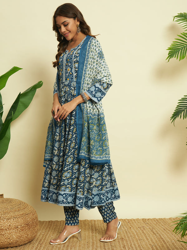 Ocean Hues Blue Cotton Anarkali Set with Dupatta