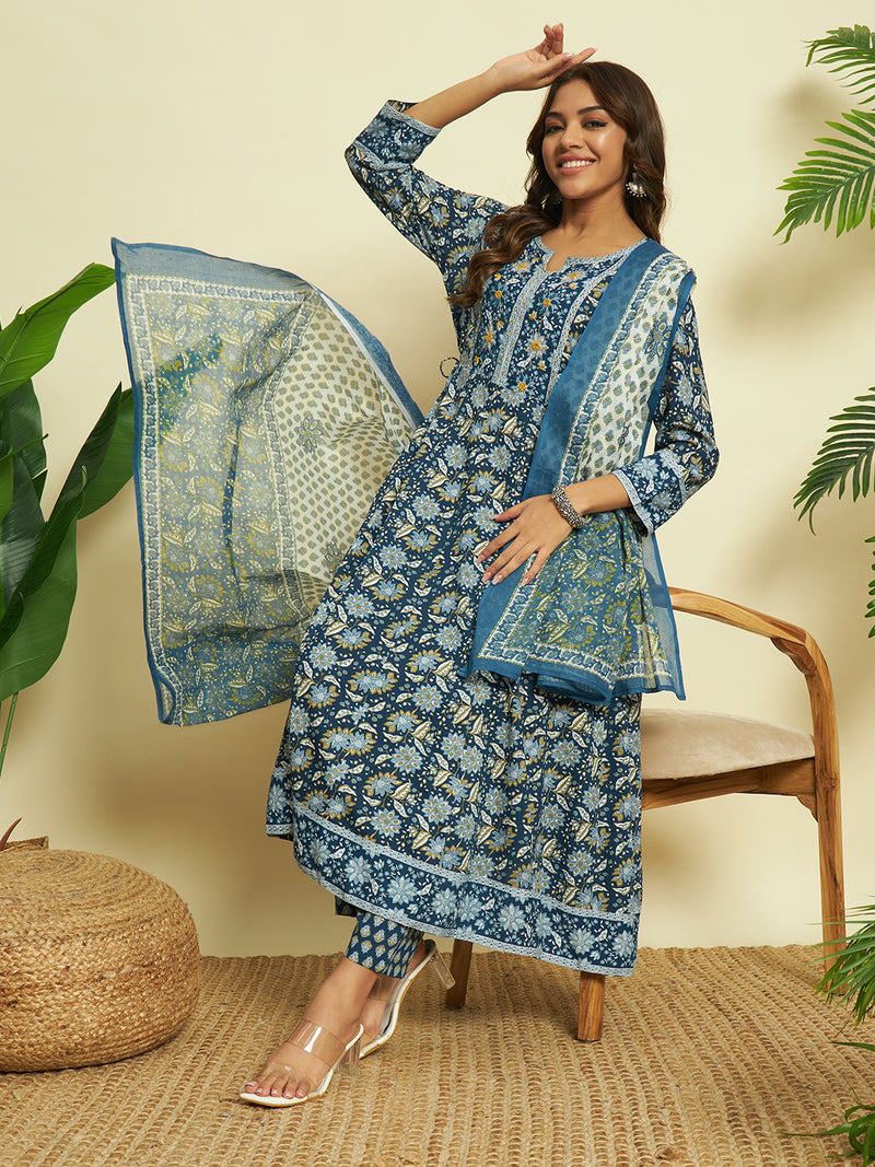 Ocean Hues Blue Cotton Anarkali Set with Dupatta