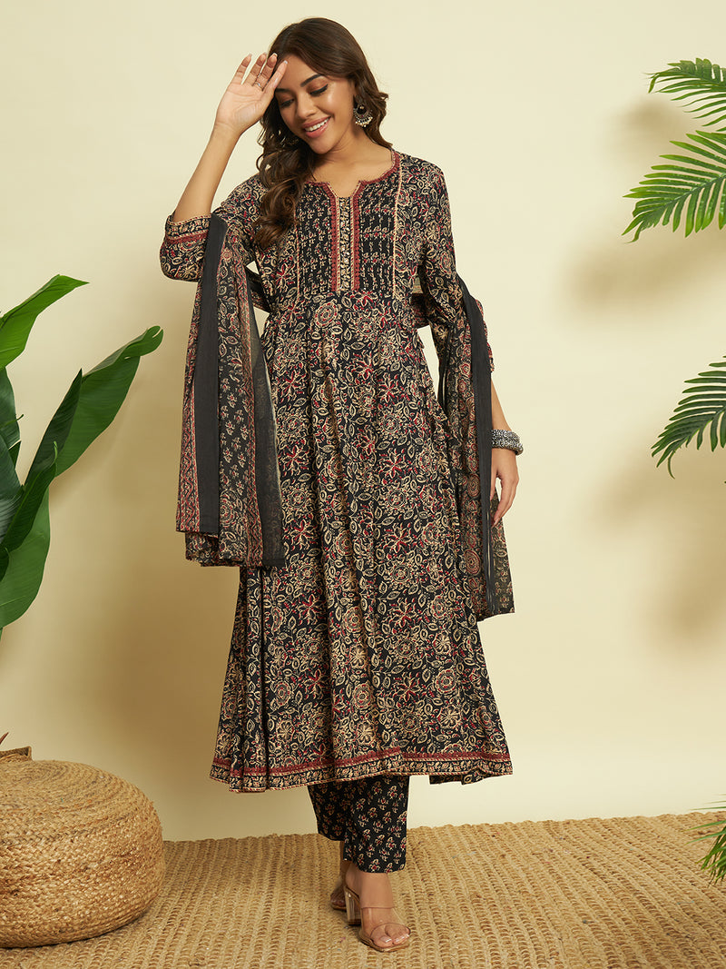 Black Printed Cotton V-Neck Anarkali Set