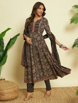 Black Printed Cotton V-Neck Anarkali Set