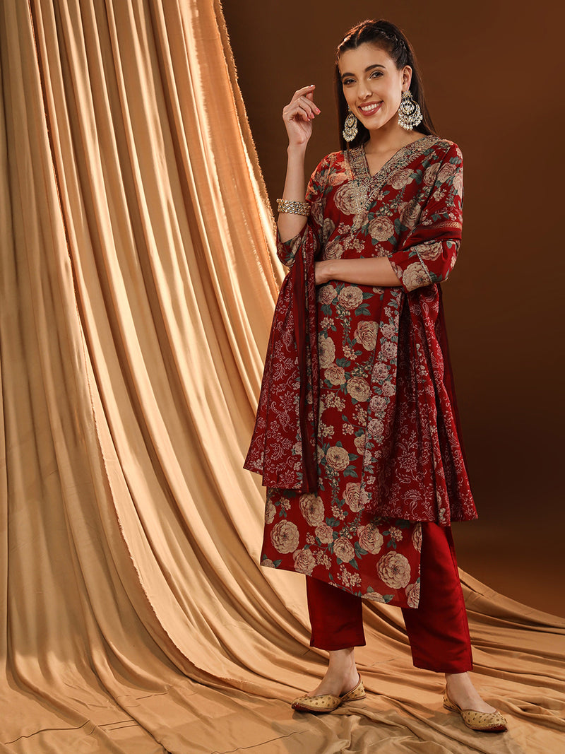 Red Radiance V-neck Kurta Set