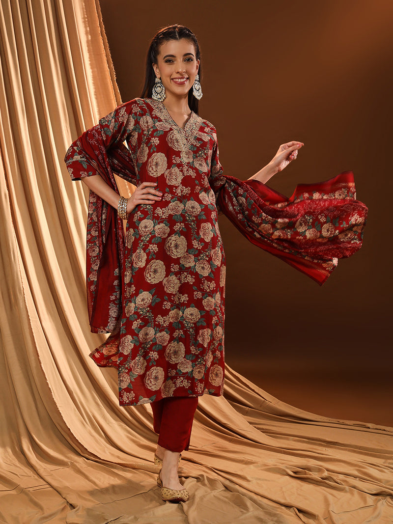 Red Radiance V-neck Kurta Set