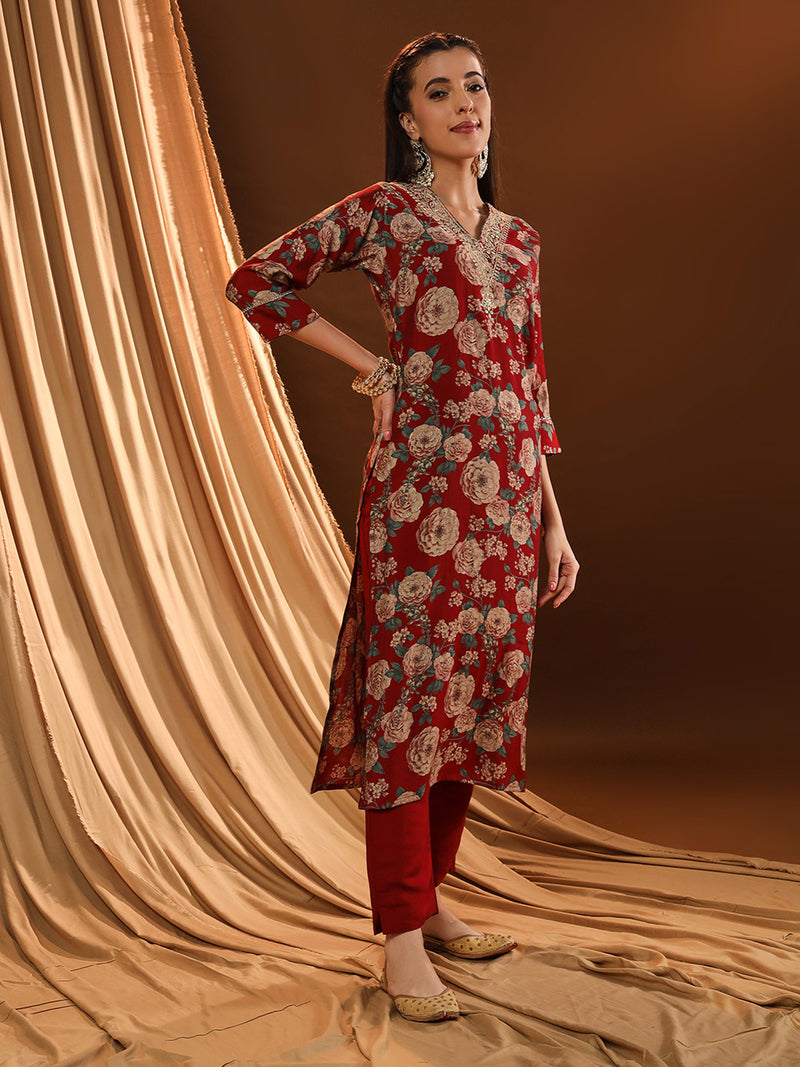 Red Radiance V-neck Kurta Set