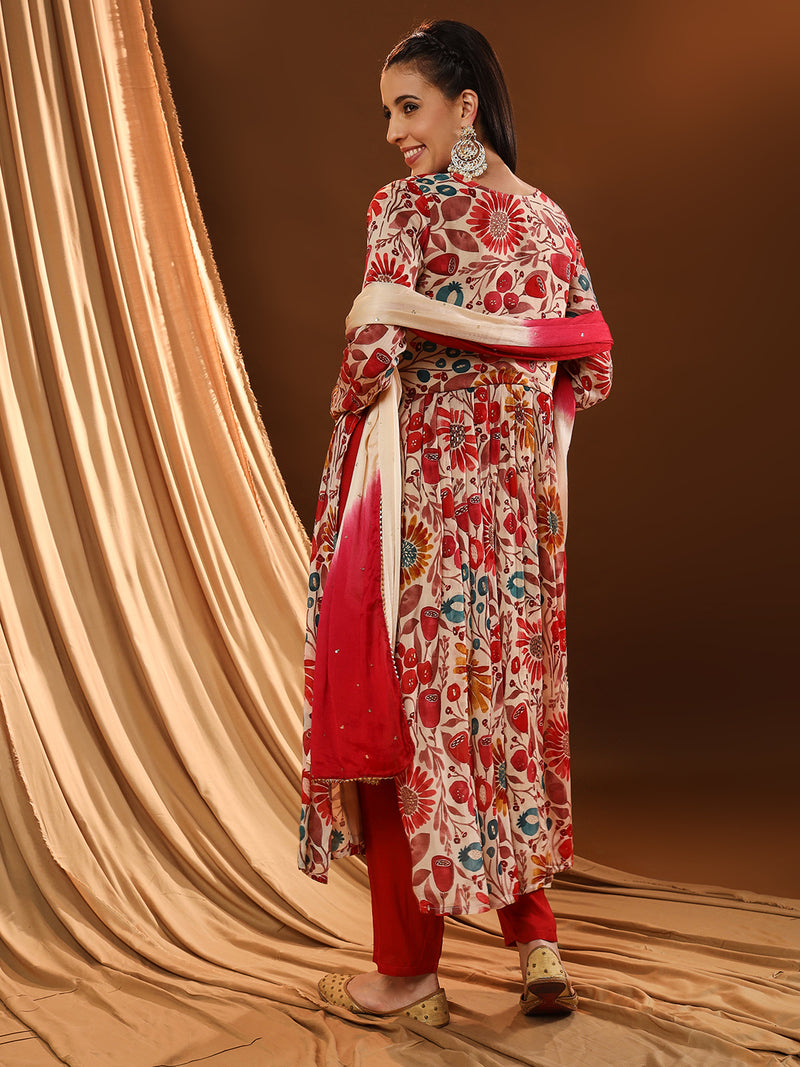 Fiery Angrakha Multi-print Red Kurta Set