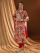 Fiery Angrakha Multi-print Red Kurta Set