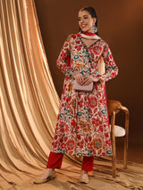 Fiery Angrakha Multi-print Red Kurta Set