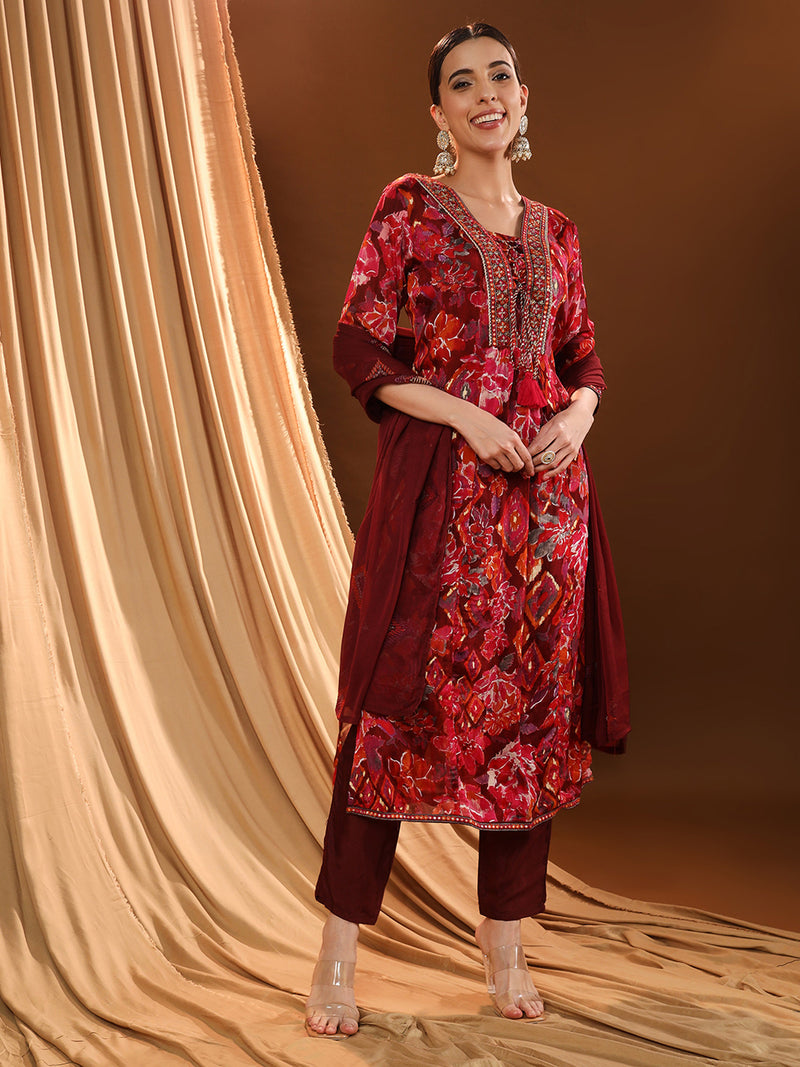 Cherry-red Bloom Kurta Set