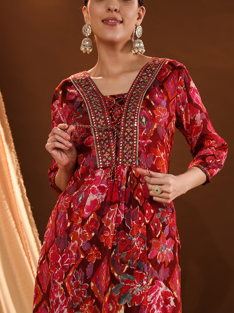 Cherry-red Bloom Kurta Set