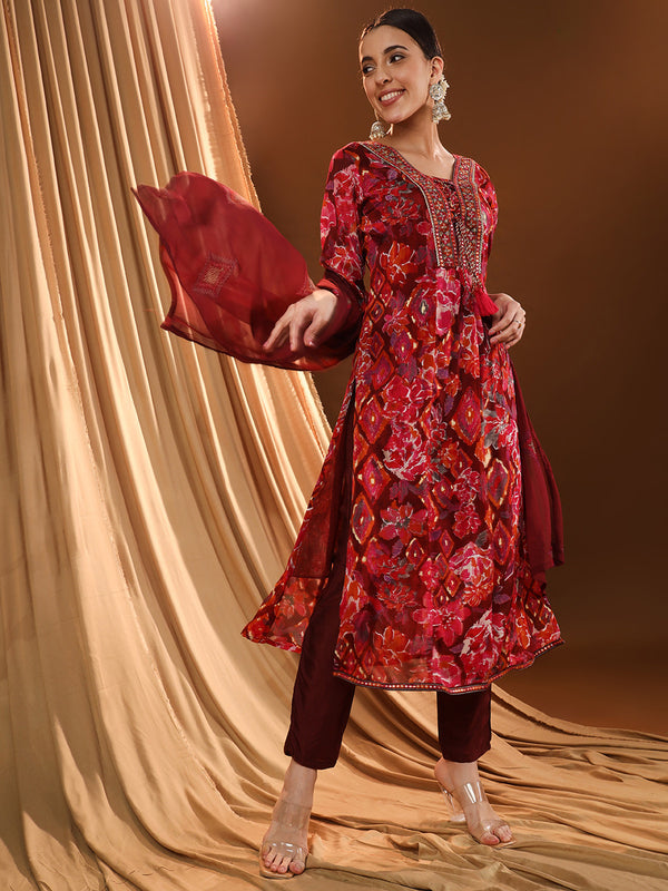 Cherry-red Bloom Kurta Set