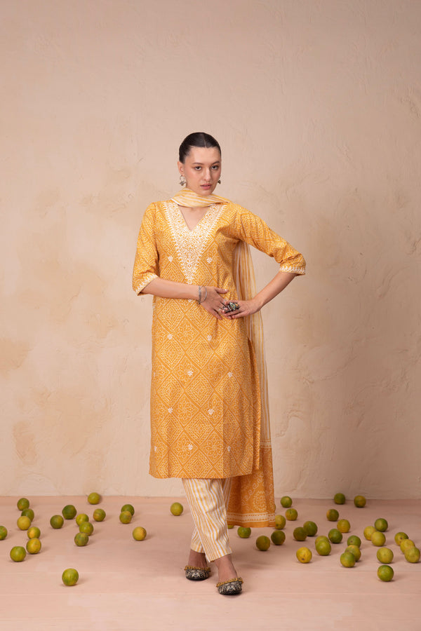 V Shape Yellow Kurta Set with Dupatta