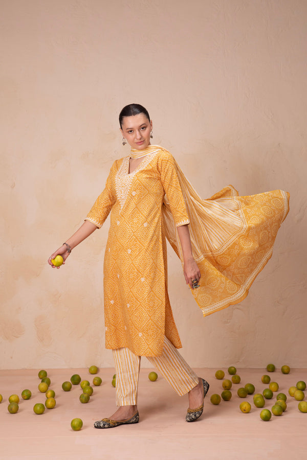 V Shape Yellow Kurta Set with Dupatta