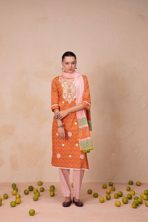 Round Neck Orange Printed Kurta Set with Dupatta