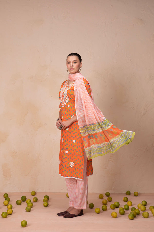 Round Neck Orange Printed Kurta Set with Dupatta