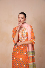 Round Neck Orange Printed Kurta Set with Dupatta