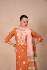 Round Neck Orange Printed Kurta Set with Dupatta