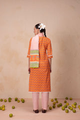 Round Neck Orange Printed Kurta Set with Dupatta