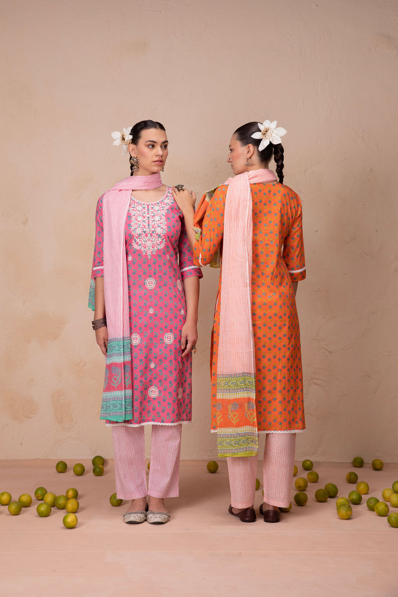 Round Neck Orange Printed Kurta Set with Dupatta