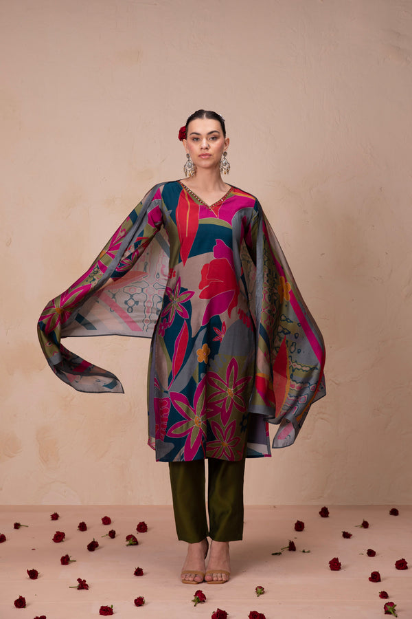 V Shape Printed Kurta Set with Dupatta