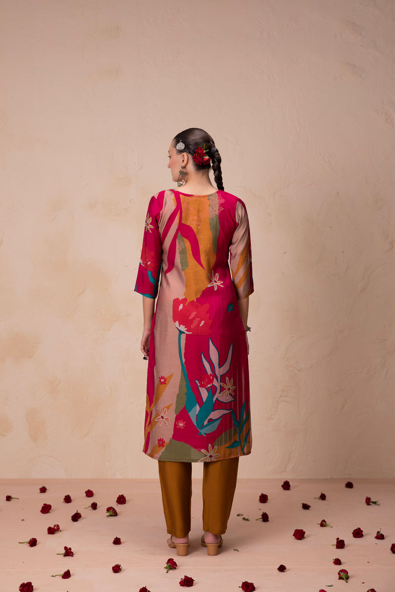 Red V Shape Printed Kurta Set with Dupatta